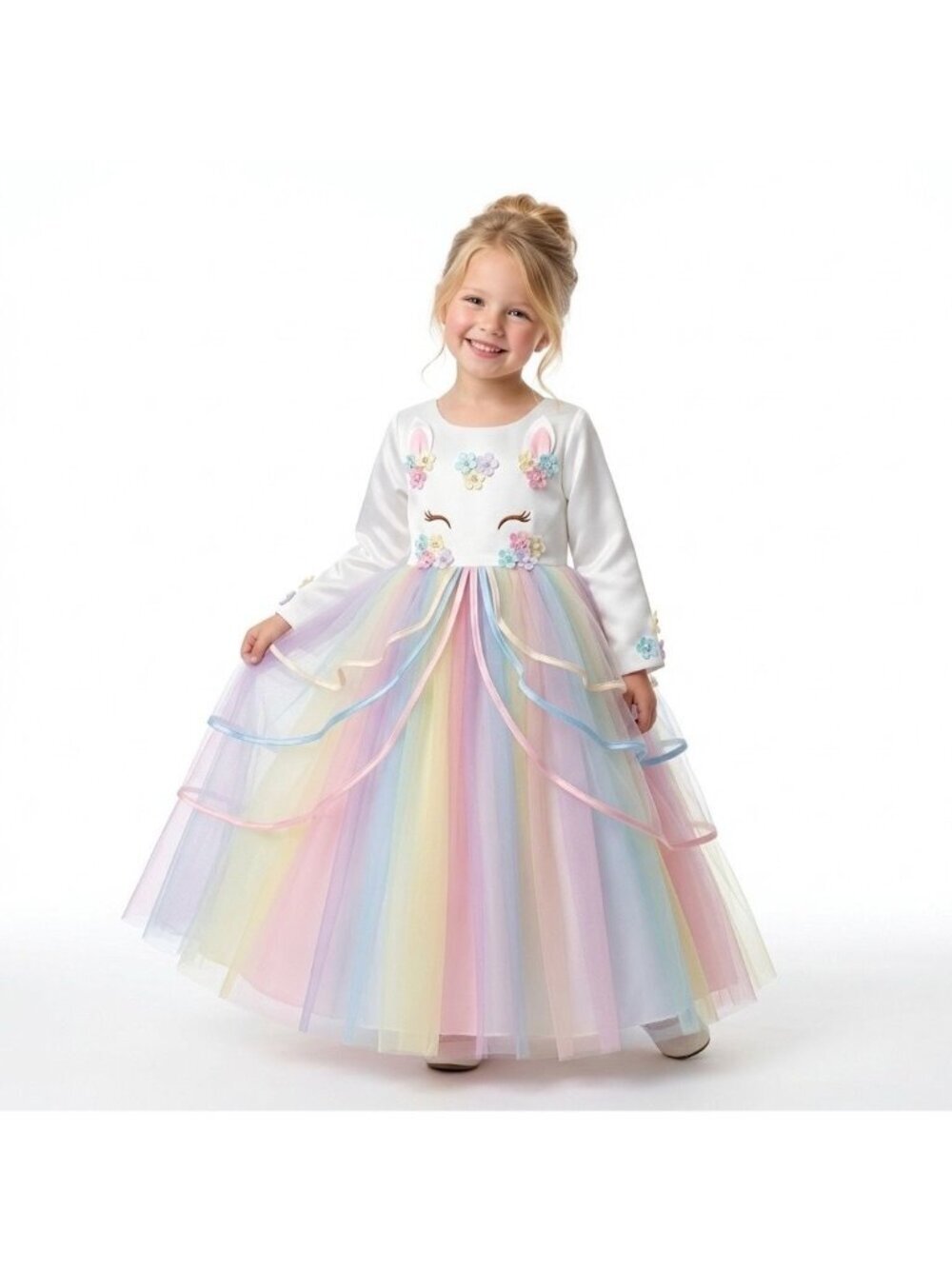 Girls Unicorn Princess Party Dress White Pastel Rainbow Tulle Birthday Party